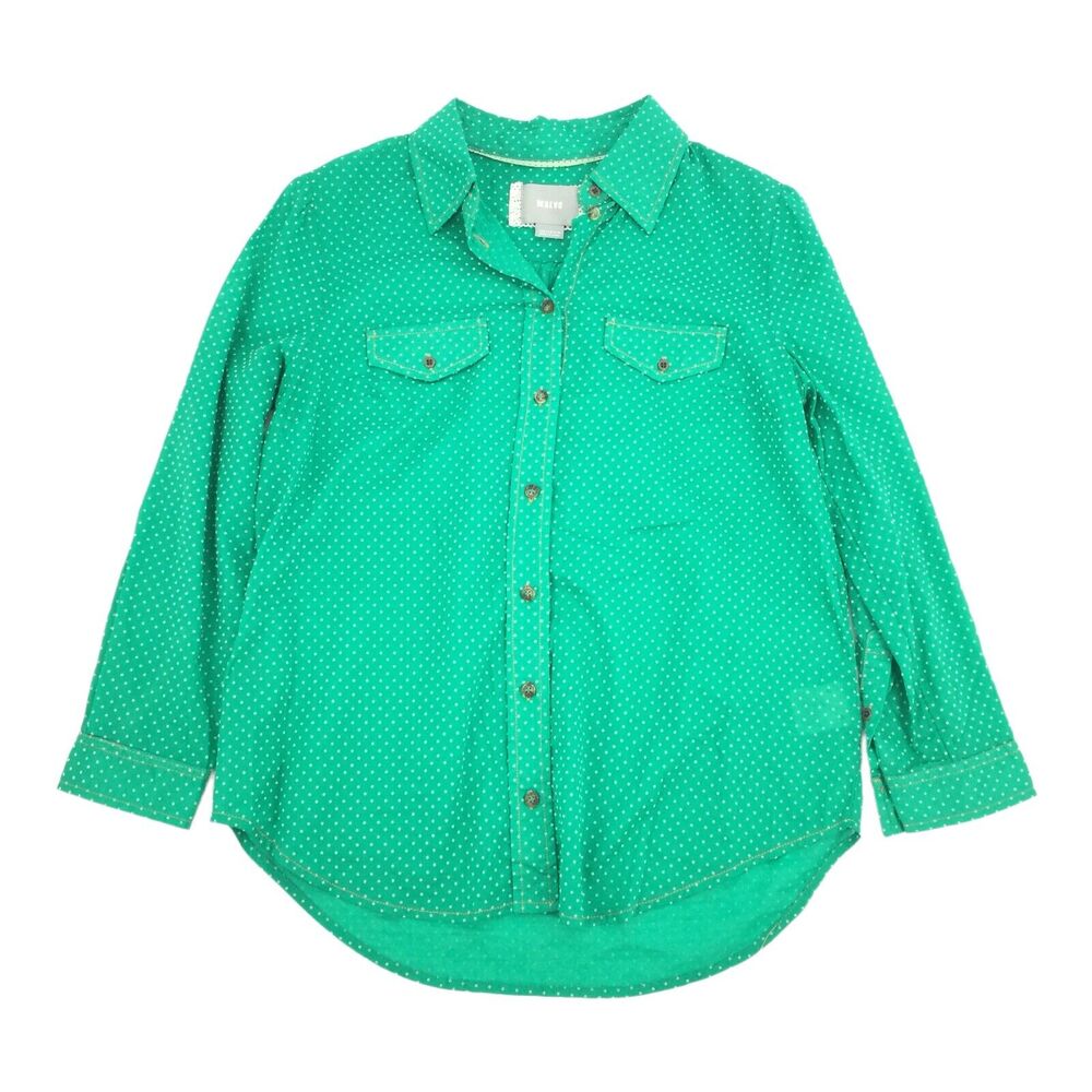 Anthropologie Maeve Polka Dot Print Button Down Shirt 2 Womens Green White XS
